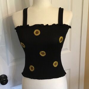 No Boundaries Y2K Black Smocked Crop Top with Yellow Sunflower Appliqués Size M